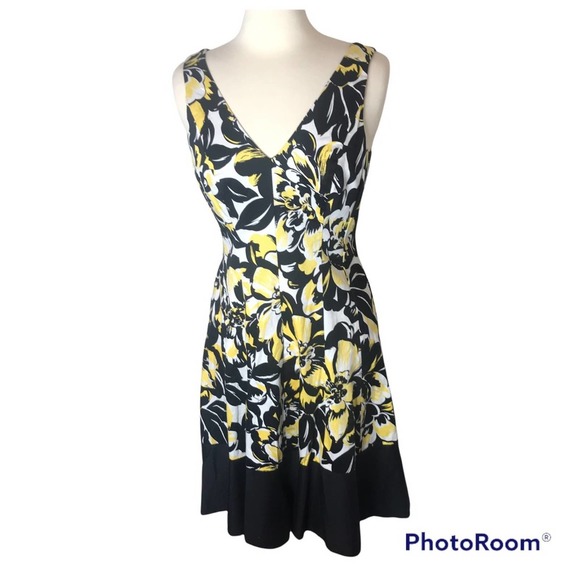 NINE WEST Black and Yellow Print fit and Flare Dress, size 10 - Picture 2 of 8